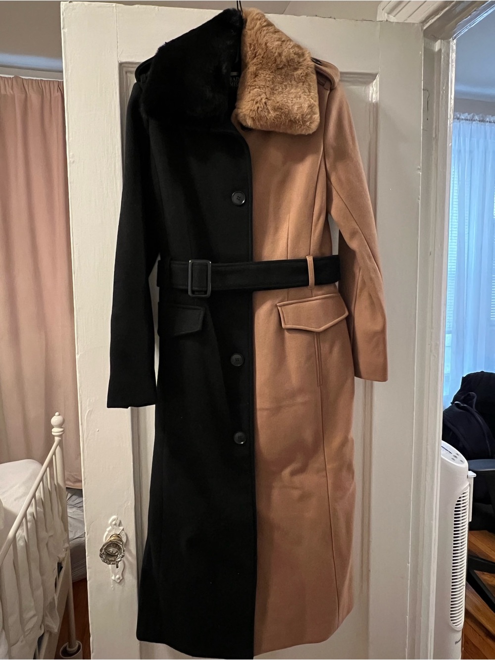 Badgley Mischka Two-Tone Black and Camel Wool Blend Peacoat with Faux Fur Collar